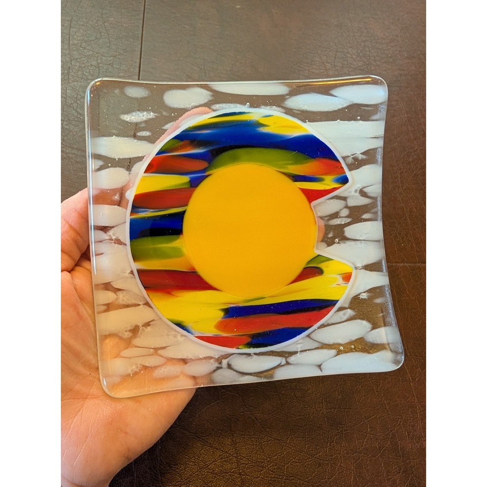 Colorado Handmade Fused Glass Dish Colorful‎ Abstract Art Sun Mountain State
